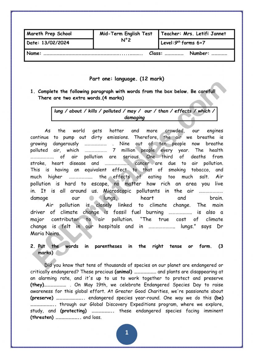 pollution worksheet
