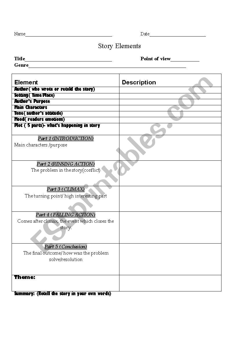 story elment chart worksheet