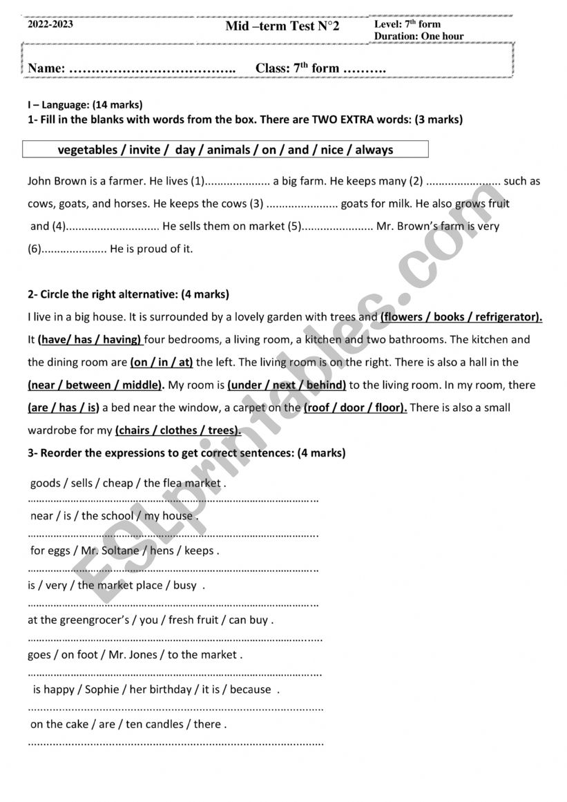 Mid-term test 2  7th grade worksheet