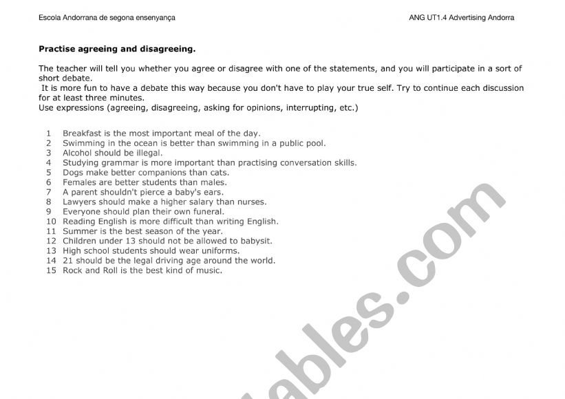 Agreeing or disagreeing  worksheet