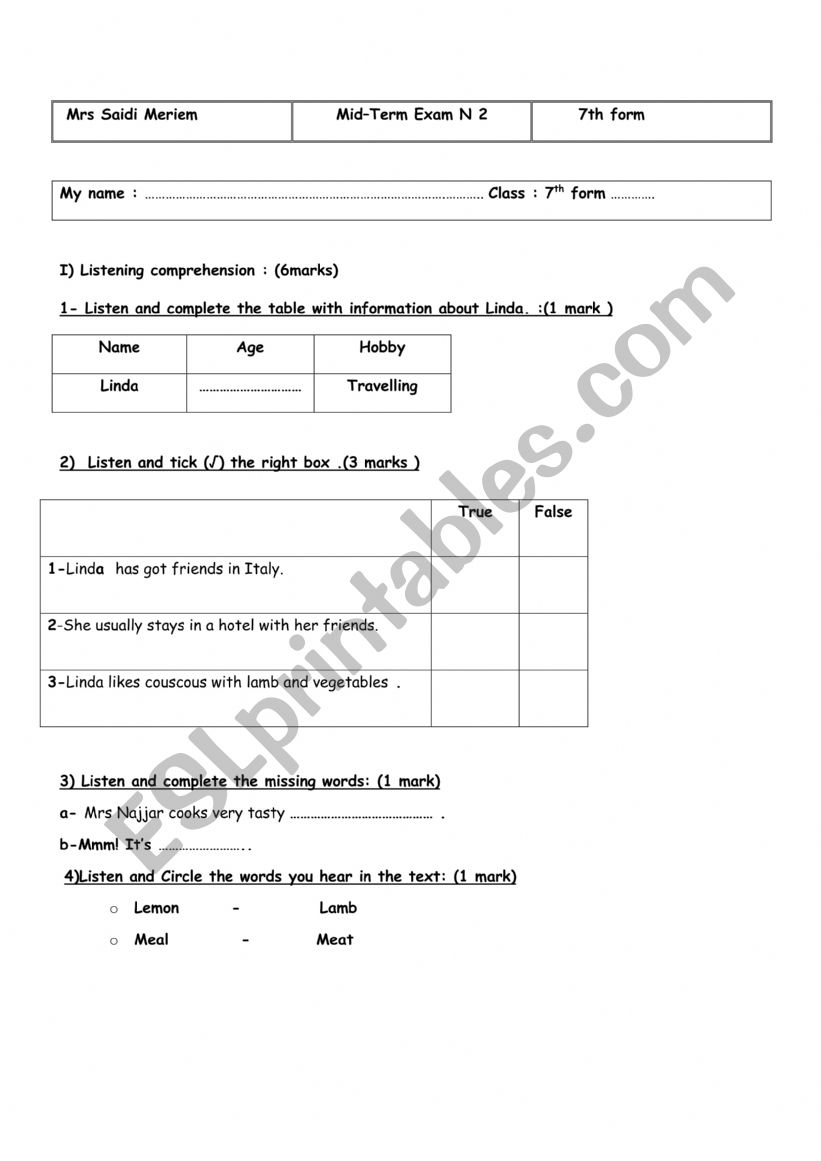 mid trem test n2 7th  worksheet