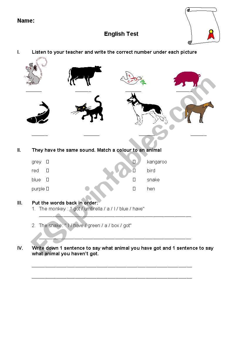 English worksheets: test on animals