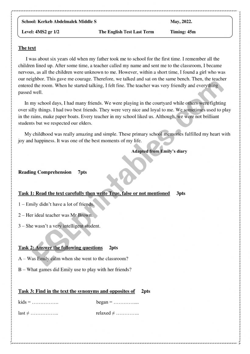 test worksheet