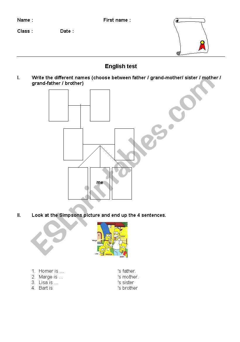 Test on family worksheet