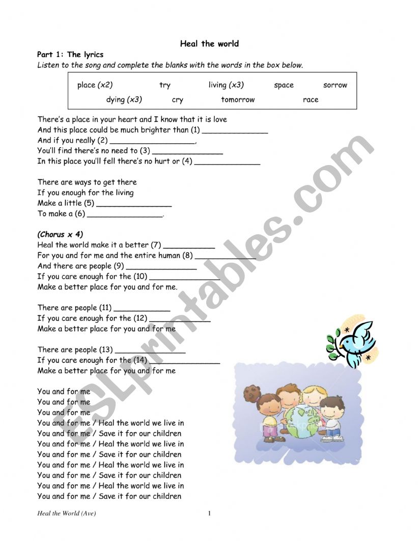 Heal the world worksheet