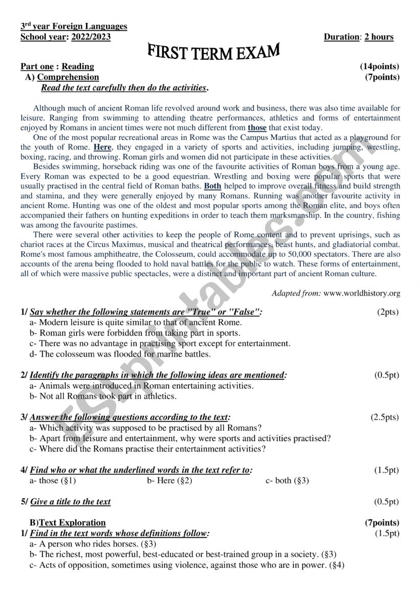 Leisure in Ancient Rome exam worksheet
