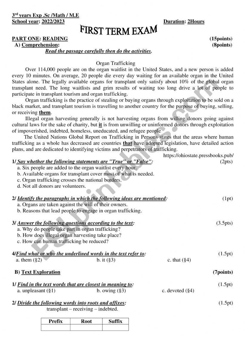 organ trafficking worksheet