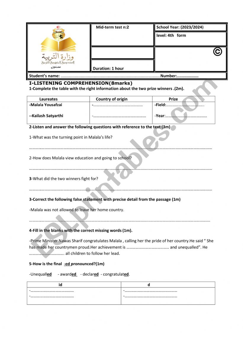 Mid -term test for 4th year  worksheet
