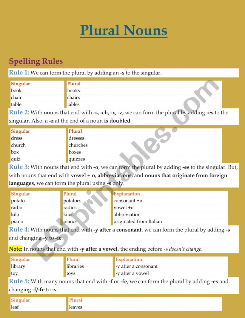 plural nouns in English  worksheet