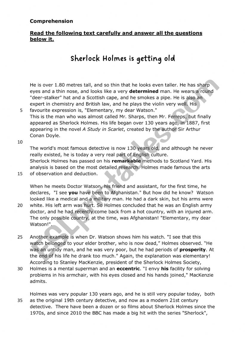 COMPREHENSION SHERLOCK HOLMES worksheet