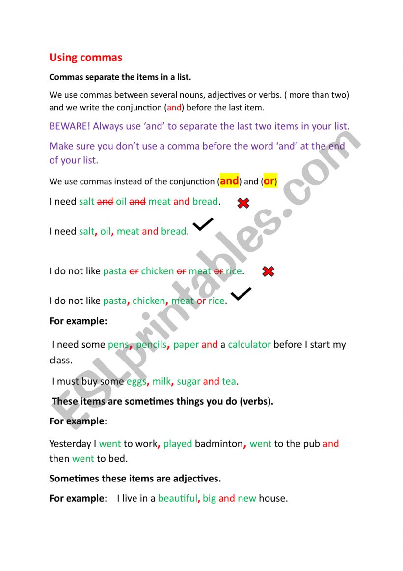 commas  worksheet