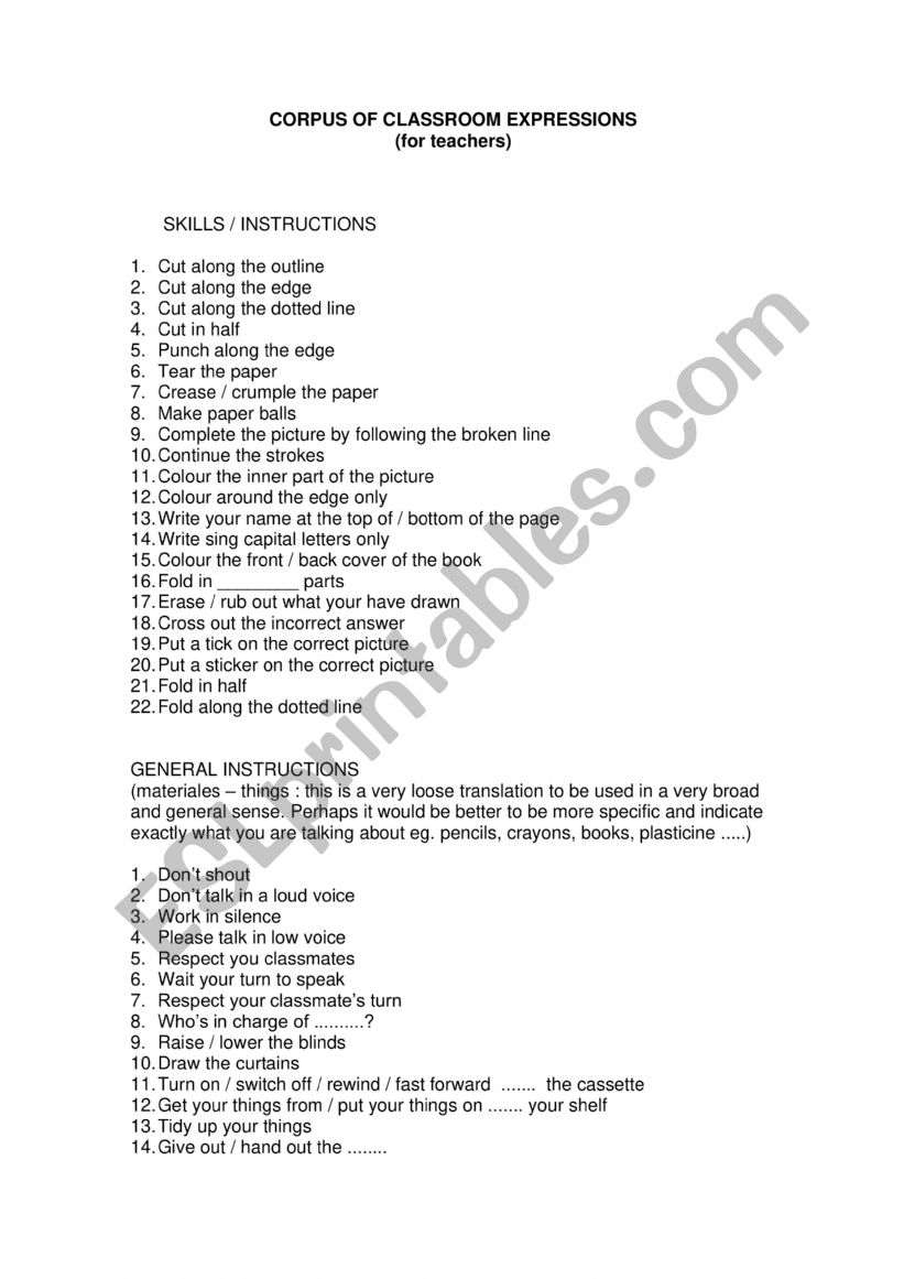 Classroom expresions worksheet