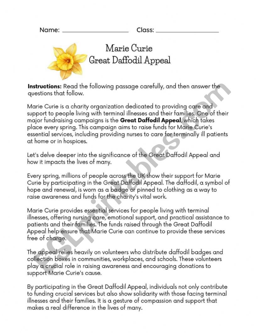 The Great Daffodil Appeal - Reading Comprehension 