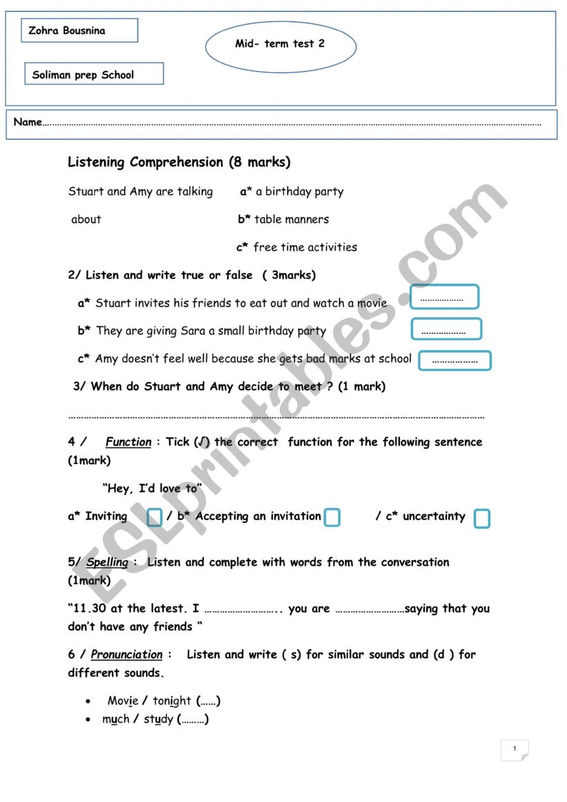 Mid- term test 2 for 8th form students