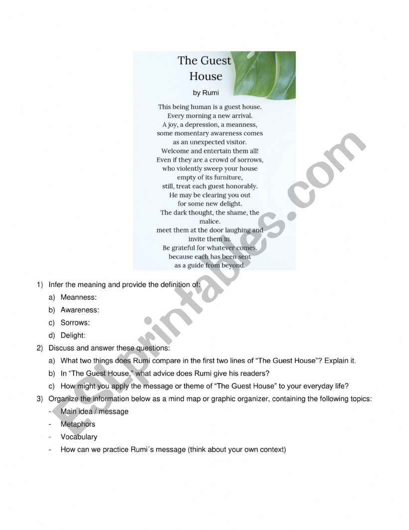 A guest House by Rumi worksheet