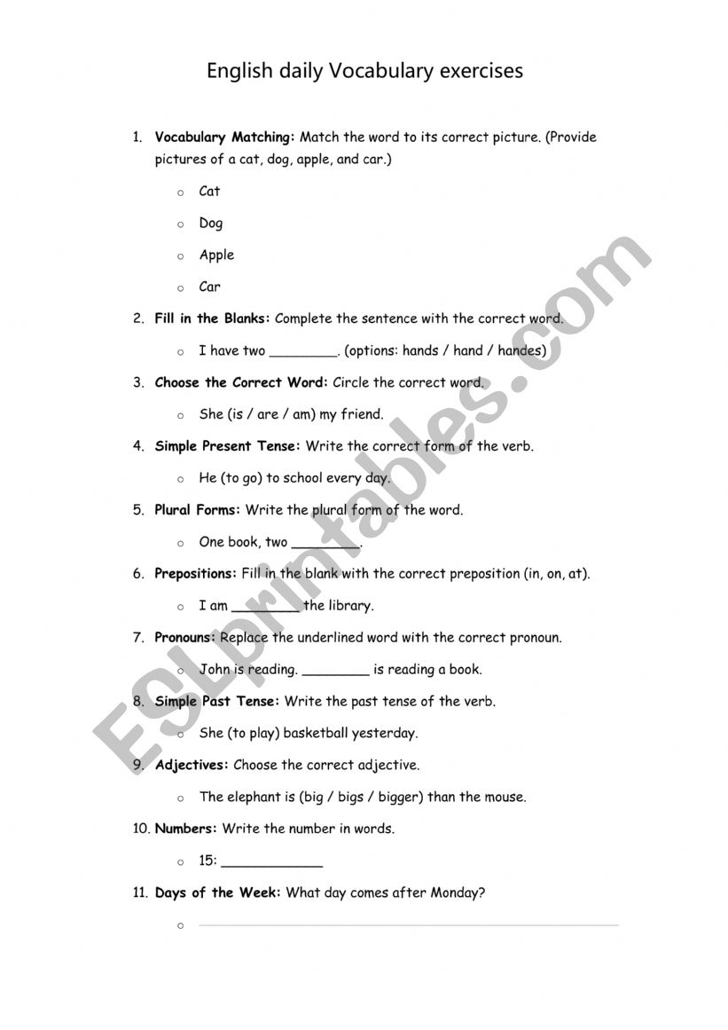 English daily Vocabulary exercises