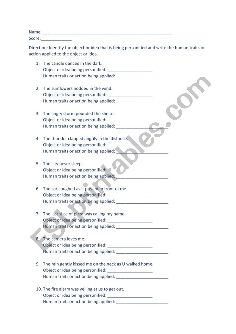 Personification Worksheet worksheet