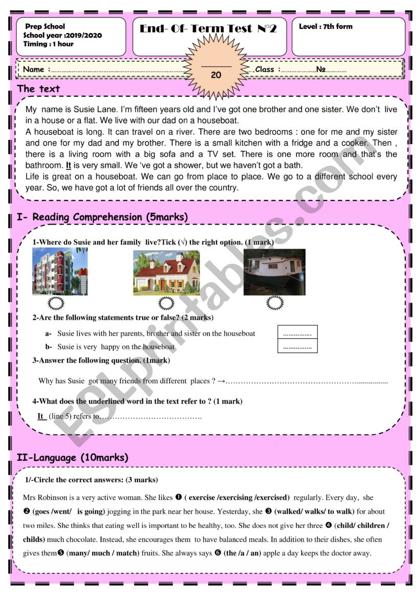 Full term test 7th form worksheet