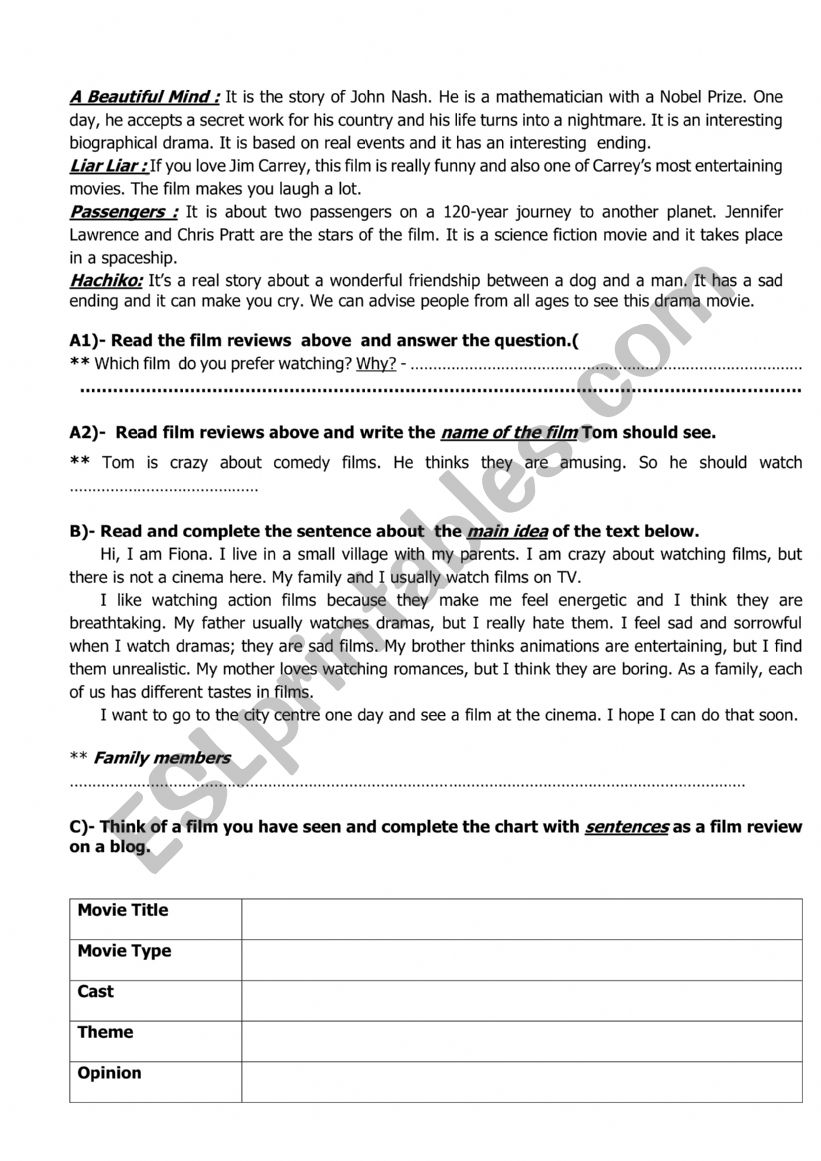 9th grade Movies&Natural disasters themes (full Reading worksheet)