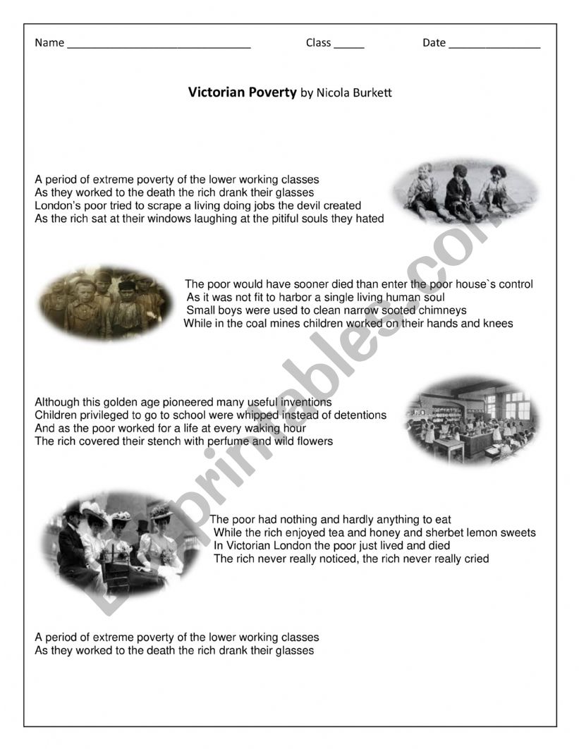 Victorian Life poem worksheet