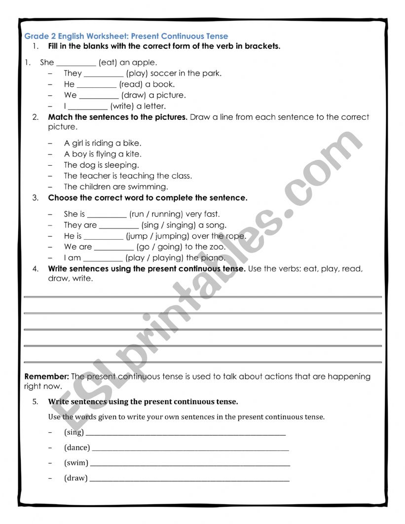 Present Continuous Tense Worksheet - Grade 2 