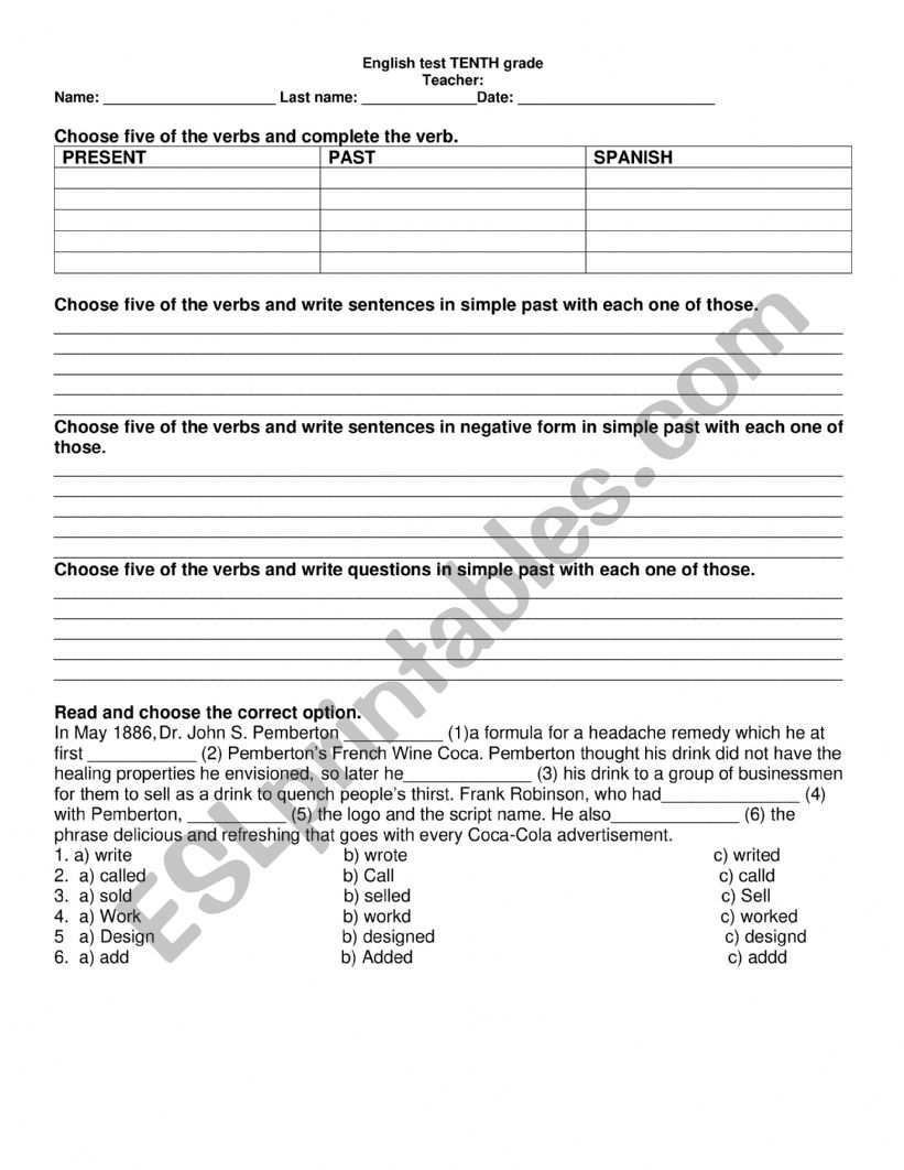 english test for tenth grade worksheet