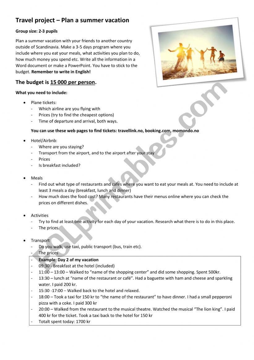 Travel project worksheet