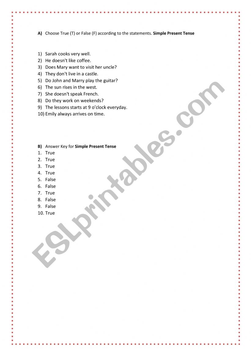 A1 Midterm True False Grammar Practice