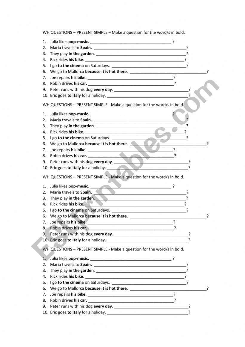 Wh - Questions Revision worksheet