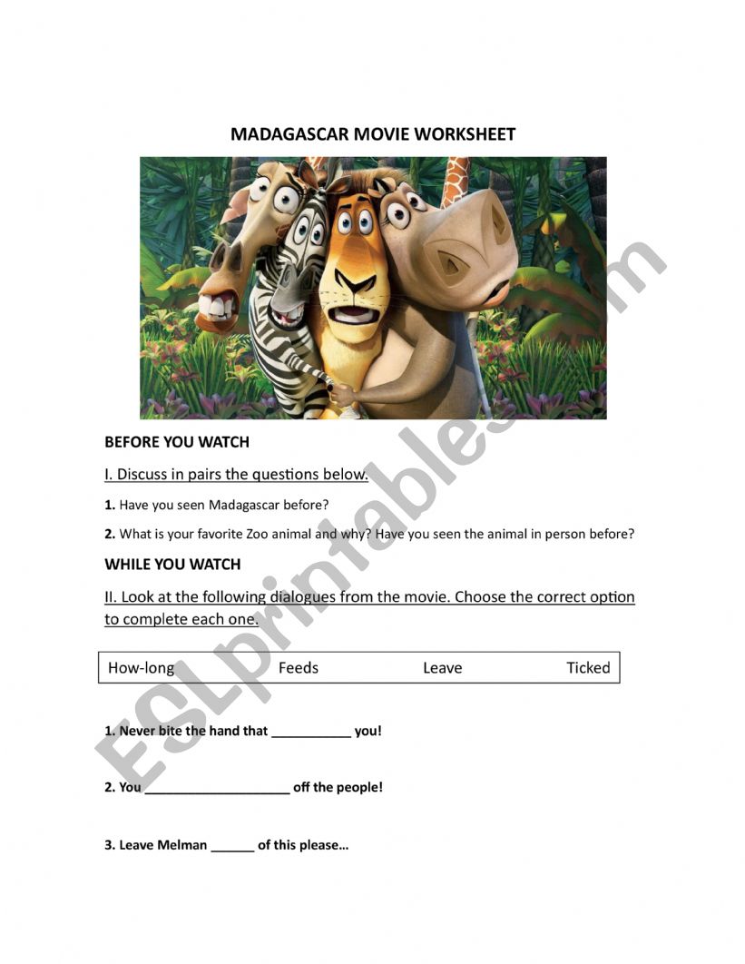 Madagascar Movie Worksheet worksheet