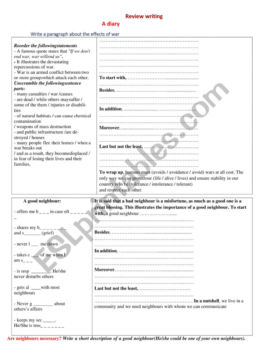 1st form free writing review worksheet