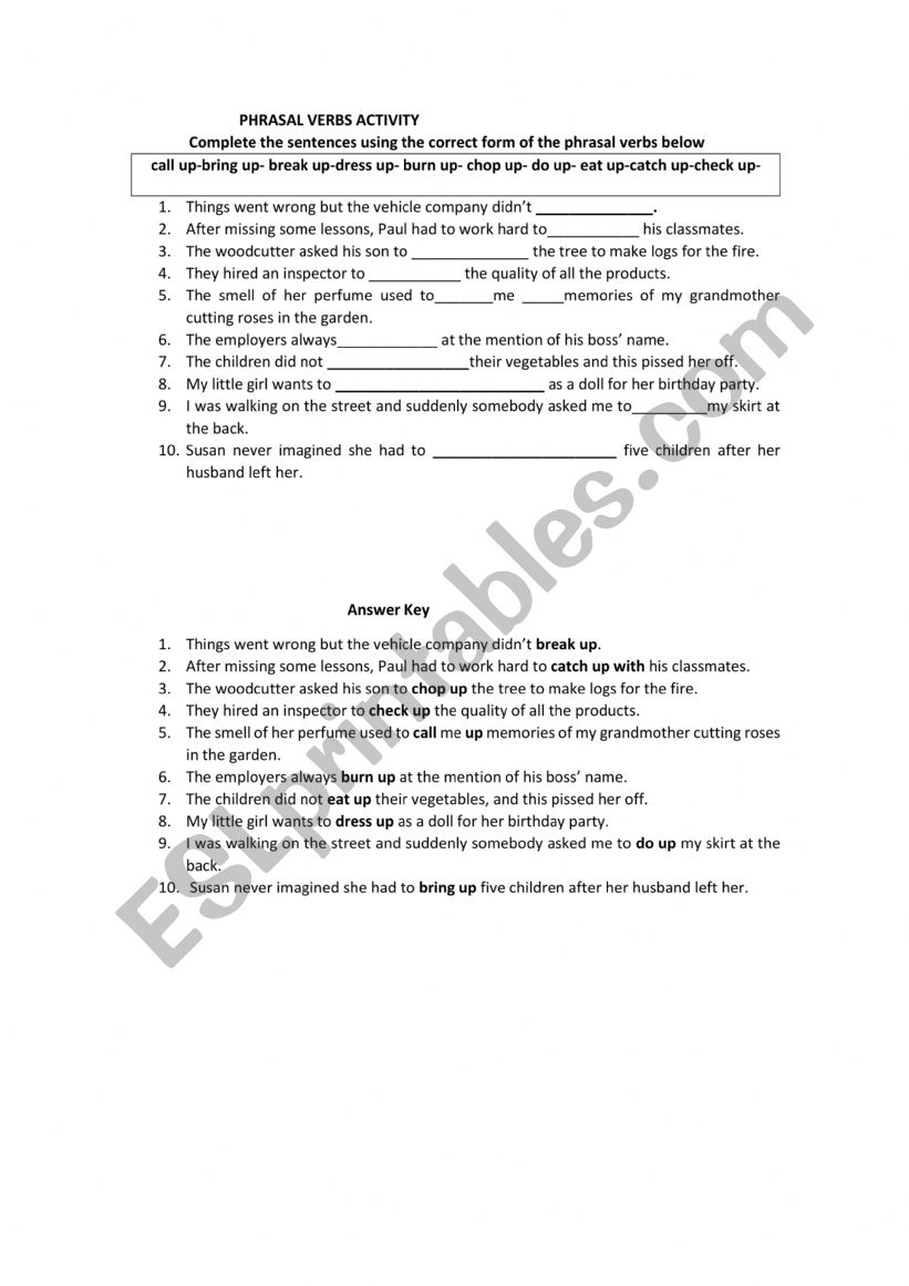 Phrasal Verbs exercise worksheet