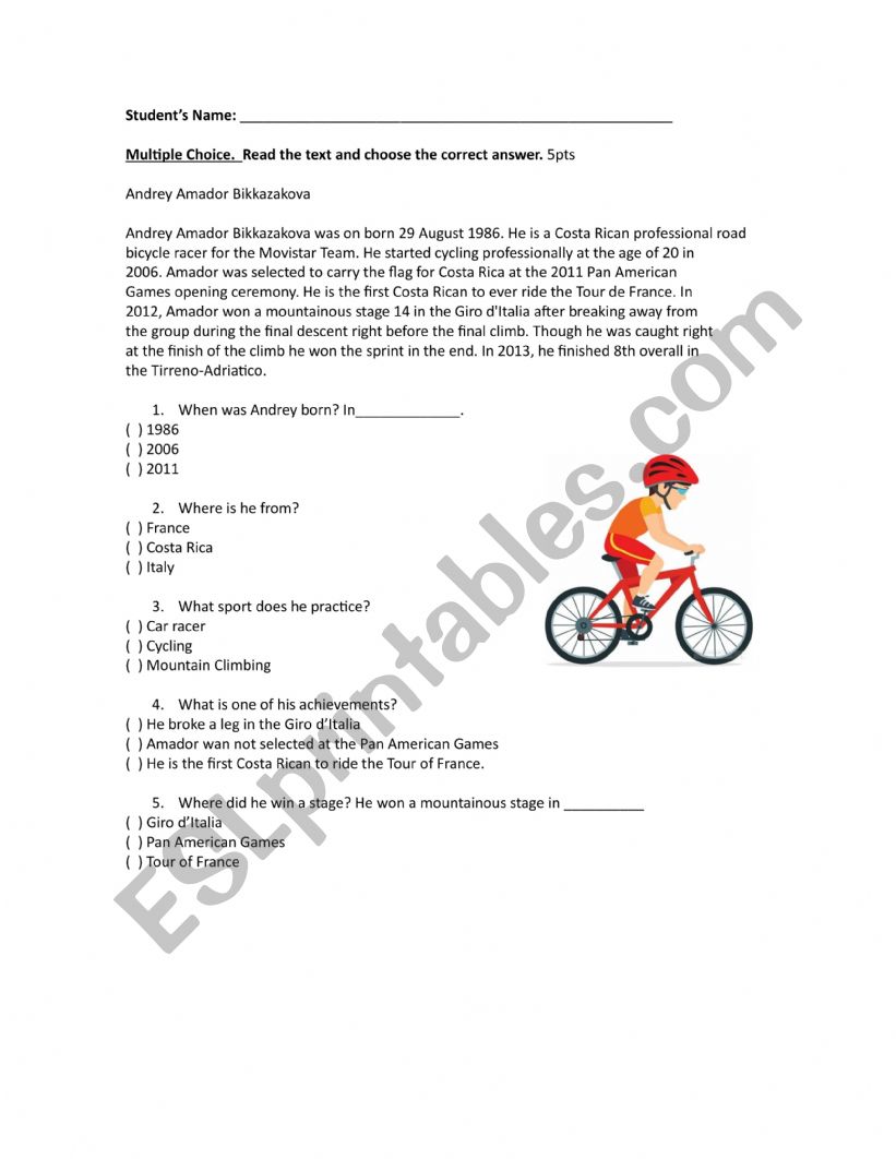 Costa Rican Athlete worksheet