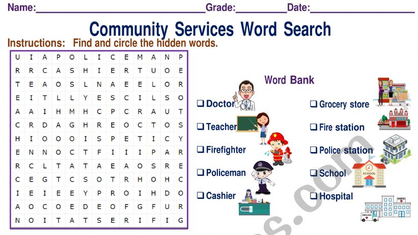 Community Services Wordsearch worksheet
