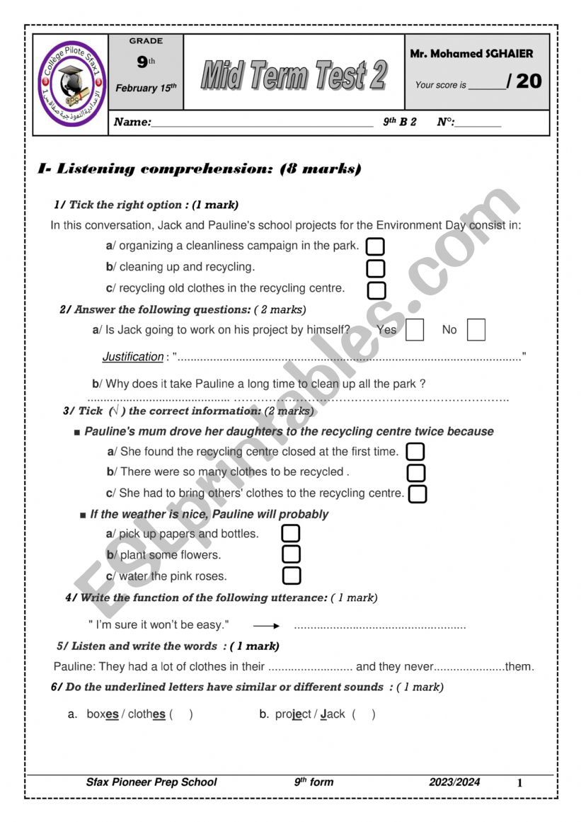 9Th Form Mid Term Test 2  worksheet