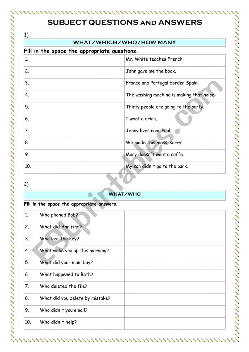 Subject questions worksheet