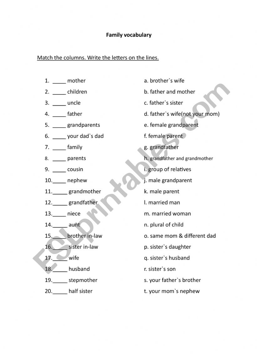 family vocabulary worksheet