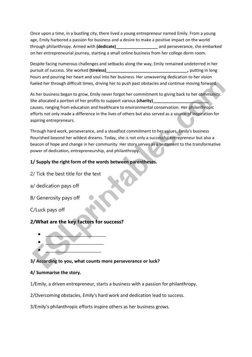 SHORT TEXTS ON SUCCESS worksheet