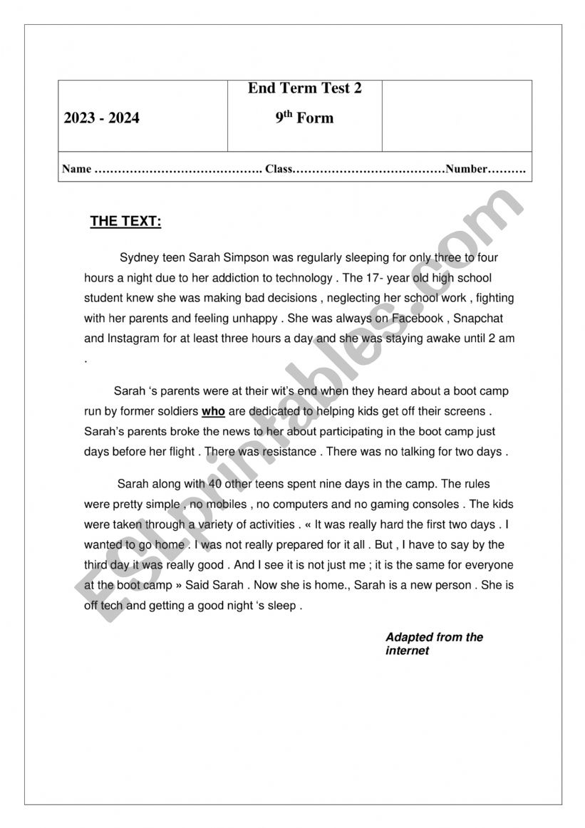 End term test 2  worksheet