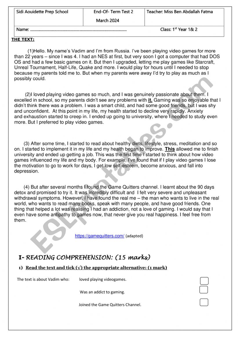 end of term test 2 worksheet