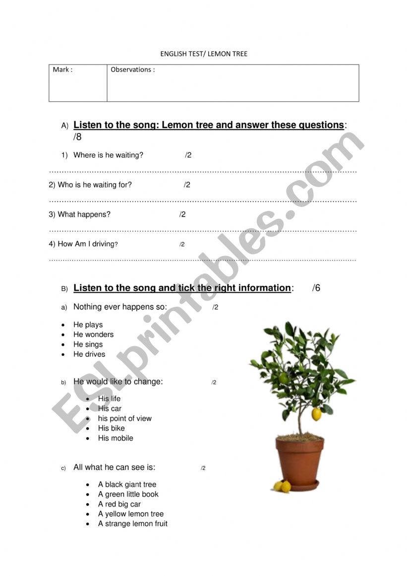 Lemon tree test worksheet