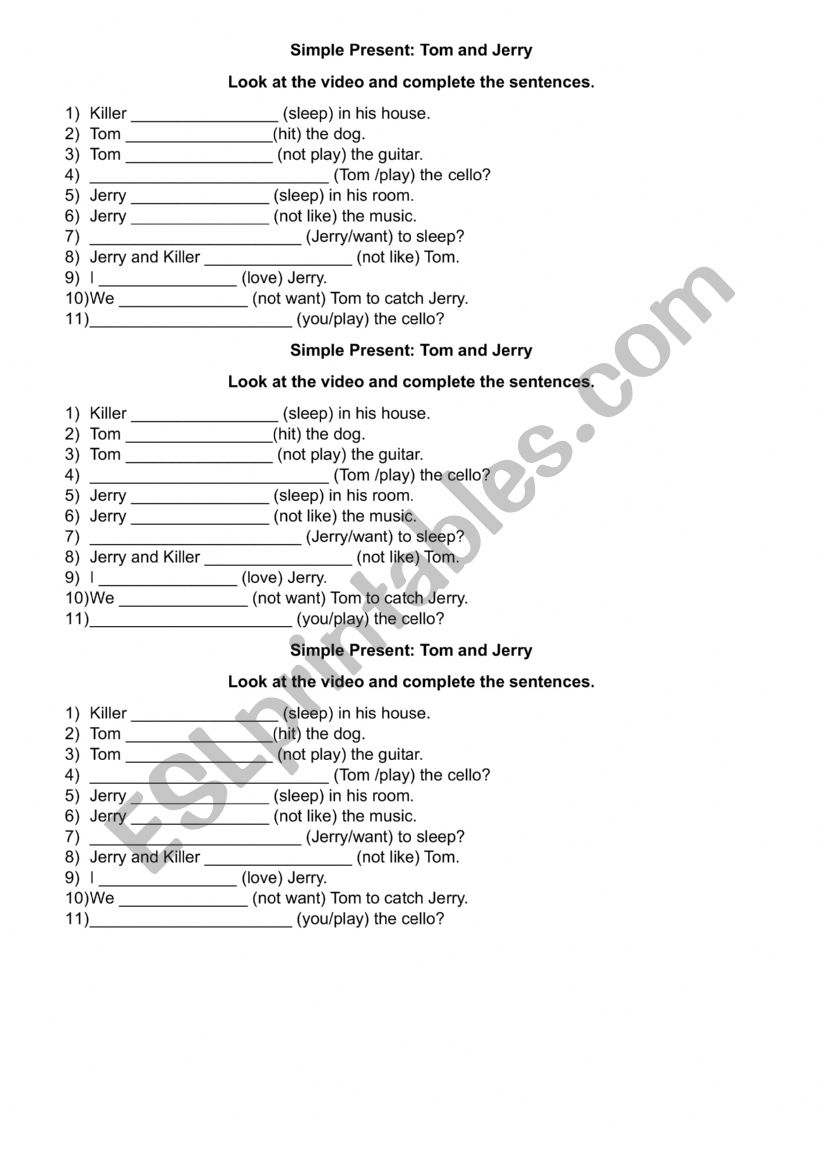 Tom and Jerry Simple present worksheet
