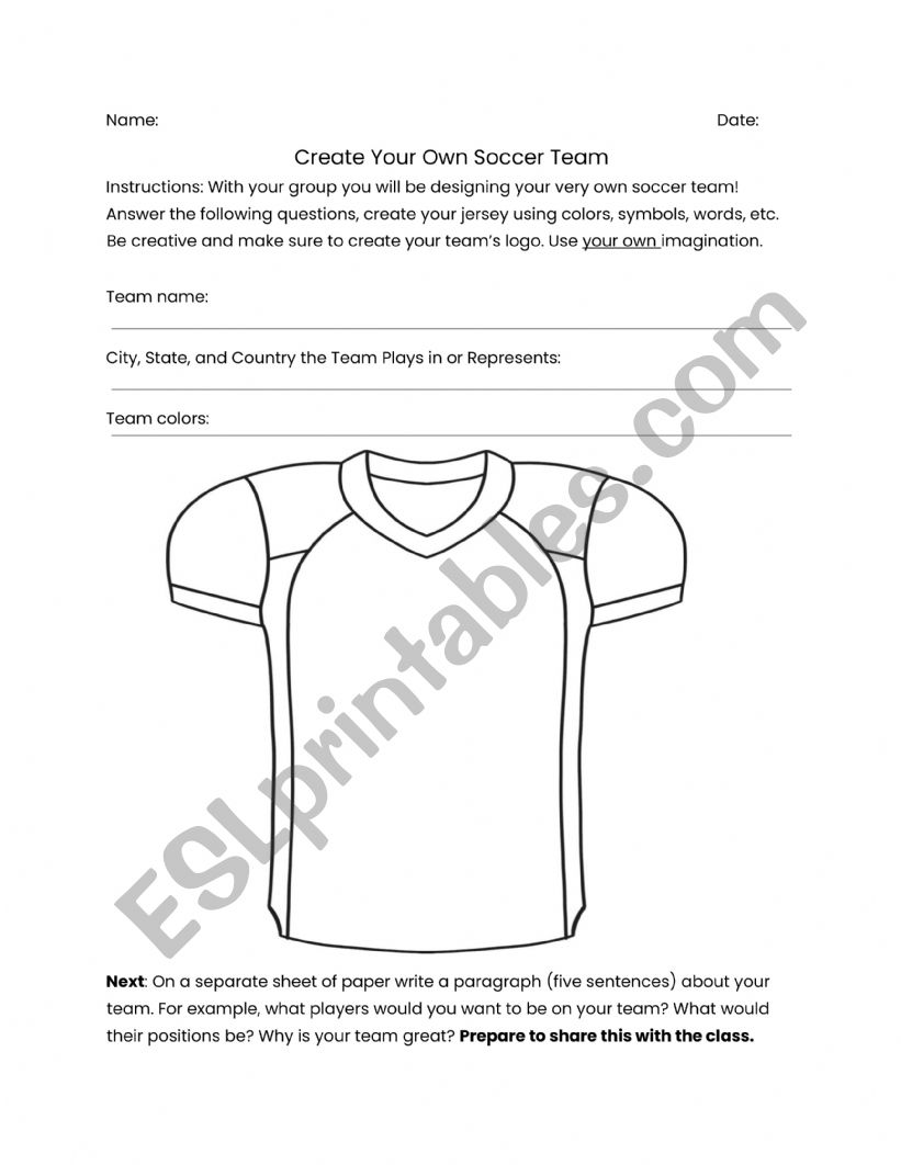 Create Your Own Soccer Team worksheet
