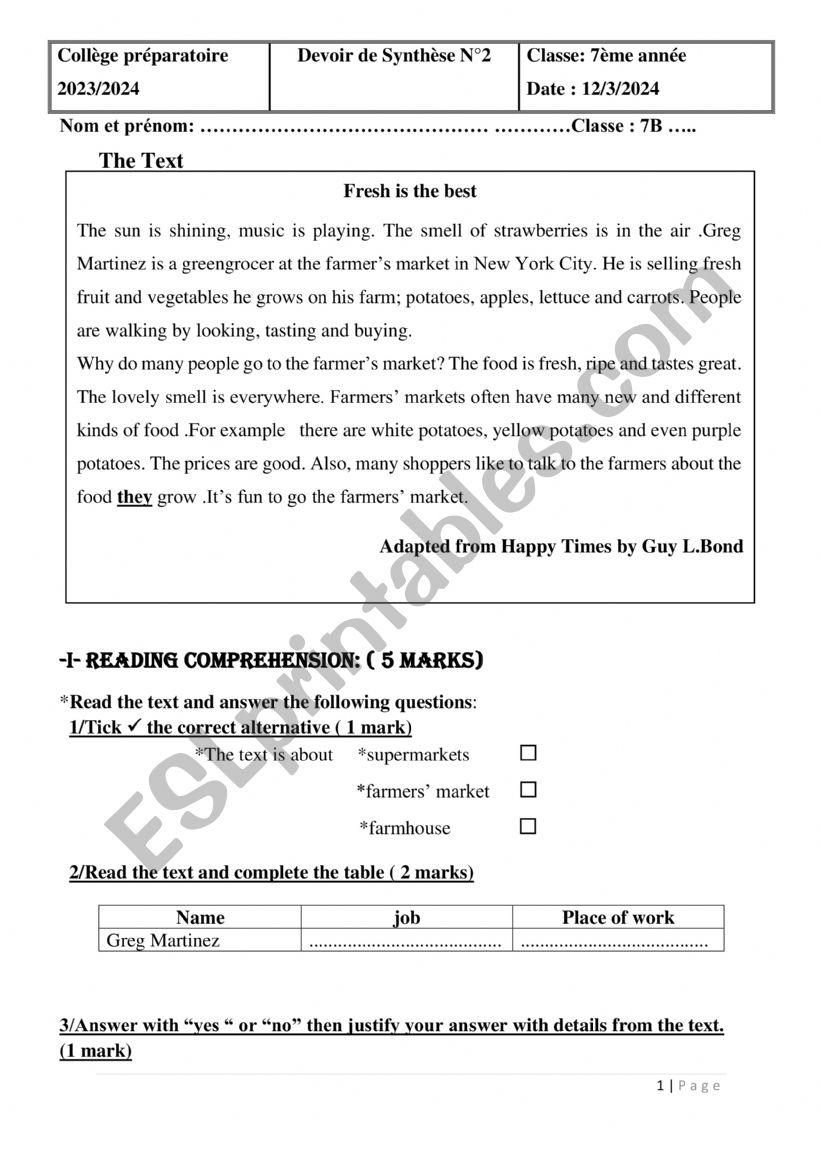 7th form Full term test N2  worksheet
