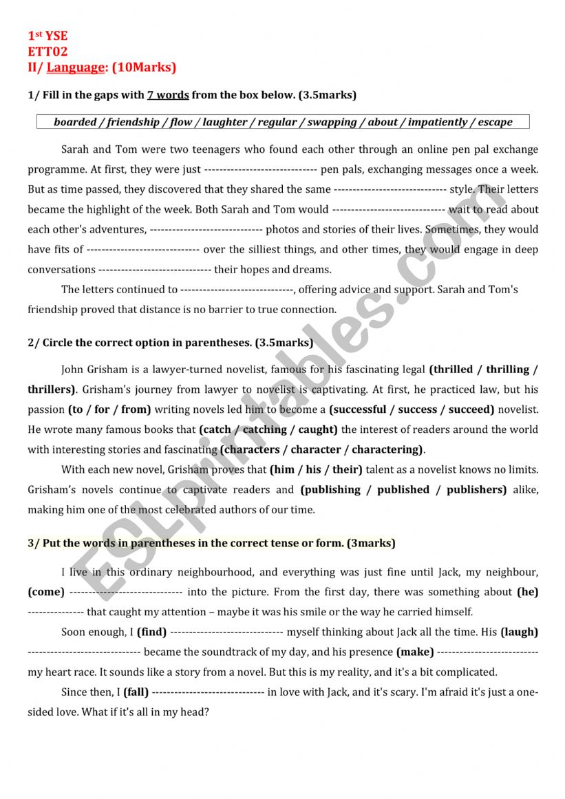 1st YSE: ETT2: Language worksheet