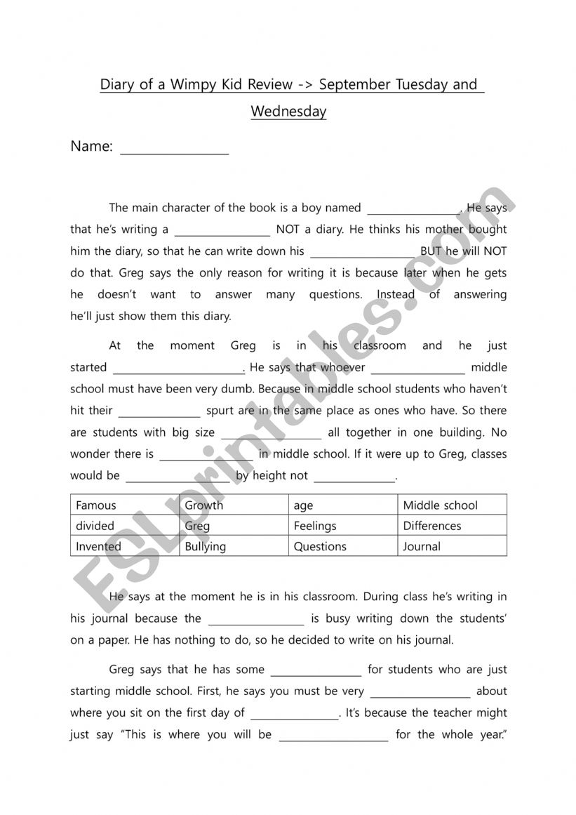 Diary of A Wimpy Kid  worksheet