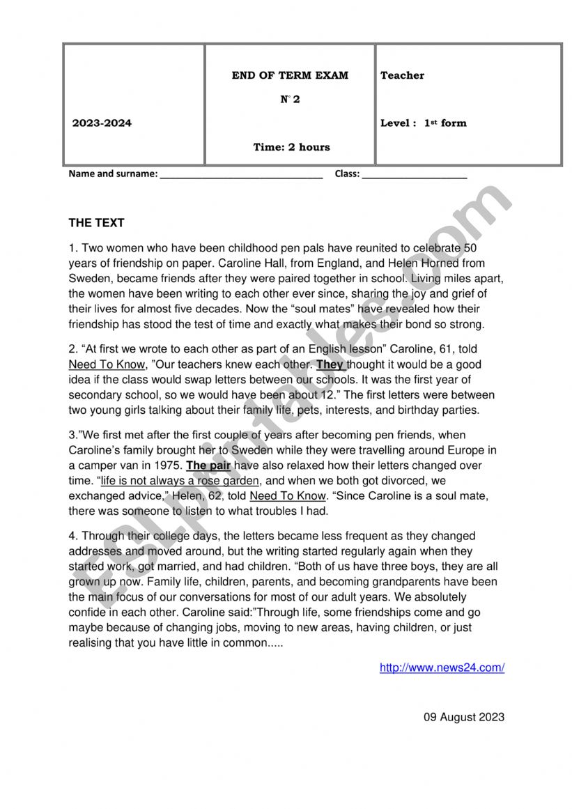 1st form end term test 2 worksheet