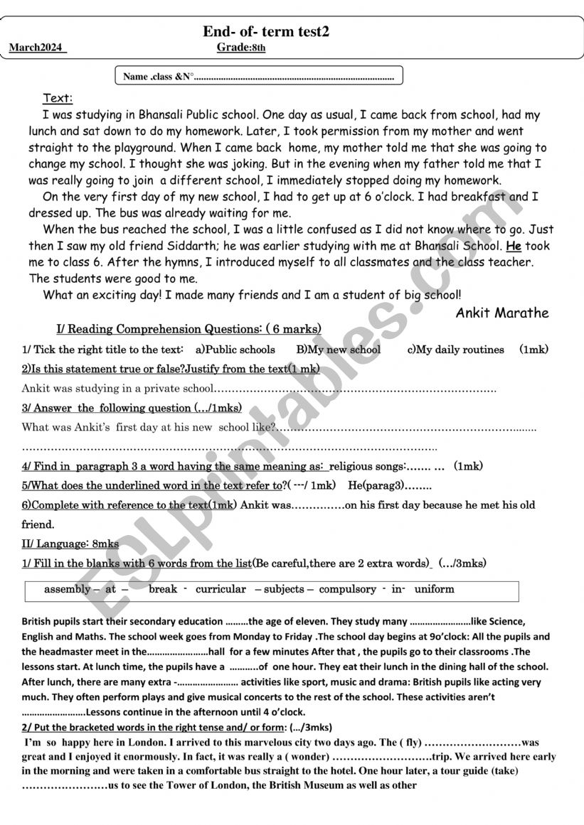 End-Of -Term Test 2 8th grade worksheet