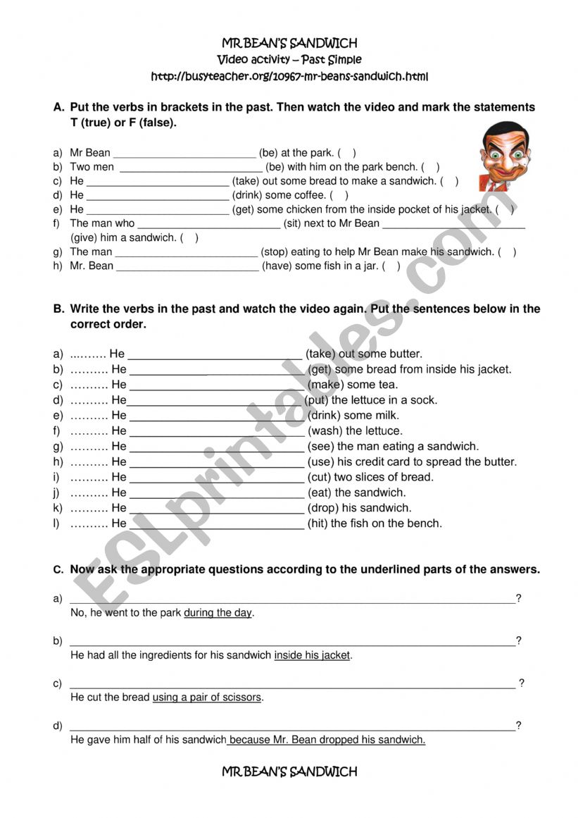 Past Tense_Mr. Bean Video worksheet