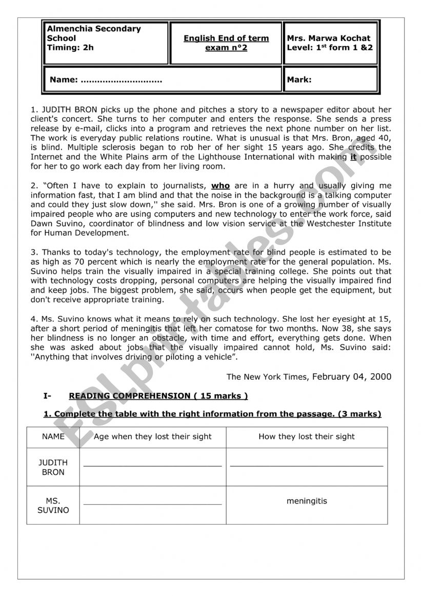 1st form end of term exam n2 worksheet